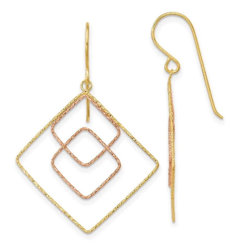 Curata 14k Yellow and Rose Sparkle Cut Graduated Square Shepherd Hook Earrings - 41x29mm Wide