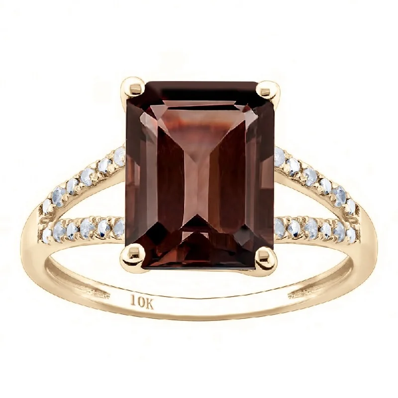 Viducci 10k Yellow Gold Genuine Emerald-Shape Smoky Quartz and Split-Shank Diamond Ring