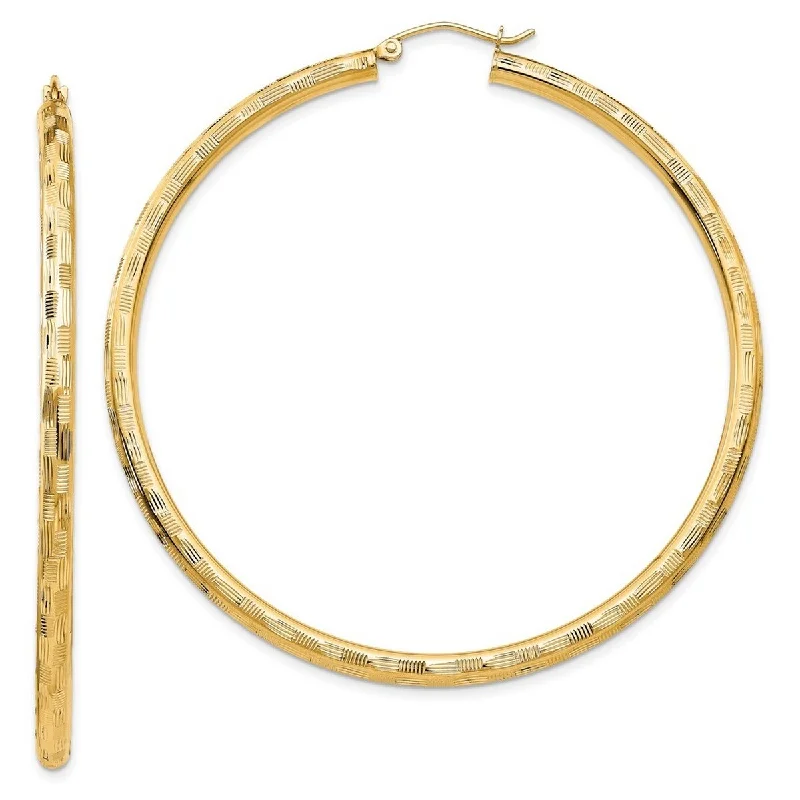 Curata 14k Yellow Gold Textured Checkerboard 60x3mm Hoop Earrings