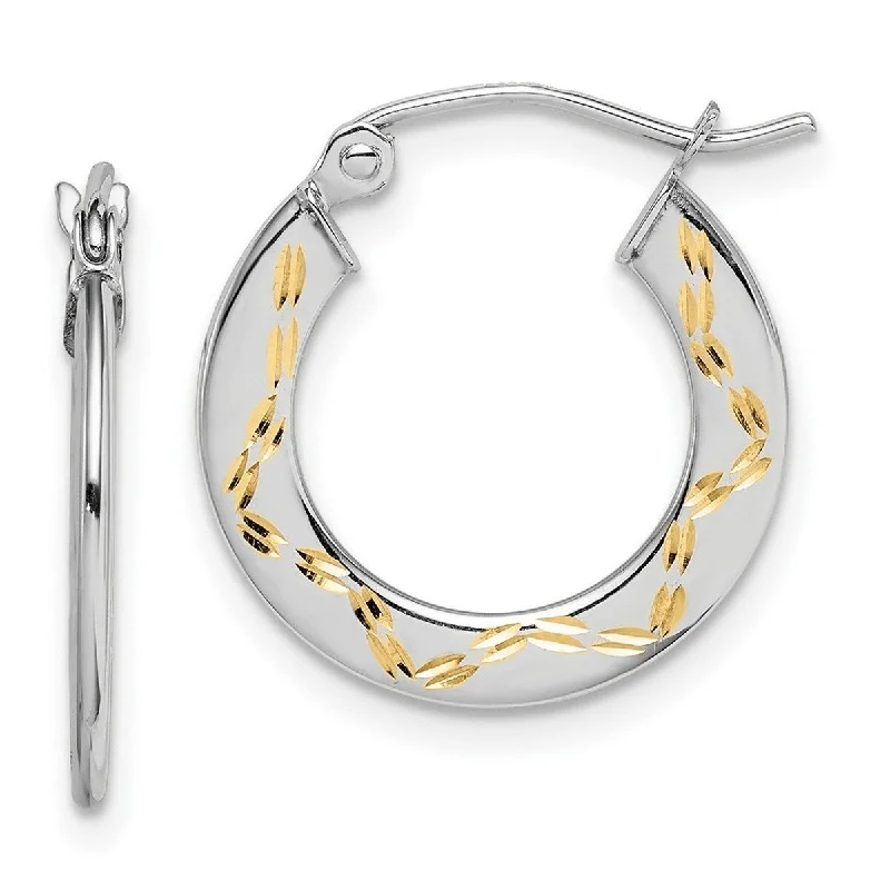 Curata 10k White Gold Polished and Yellow Rhodium Sparkle Cut Hoop Earrings - 19x18mm Wide 1.4mm Thick