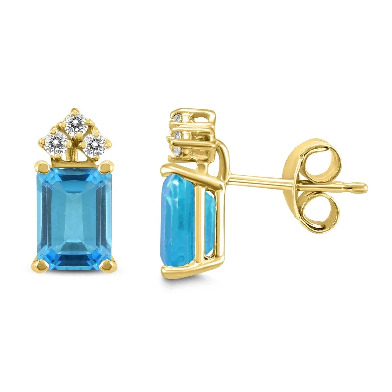 Marquee 14K Yellow Gold 7x5MM Emerald Shaped Blue Topaz and Diamond Earrings