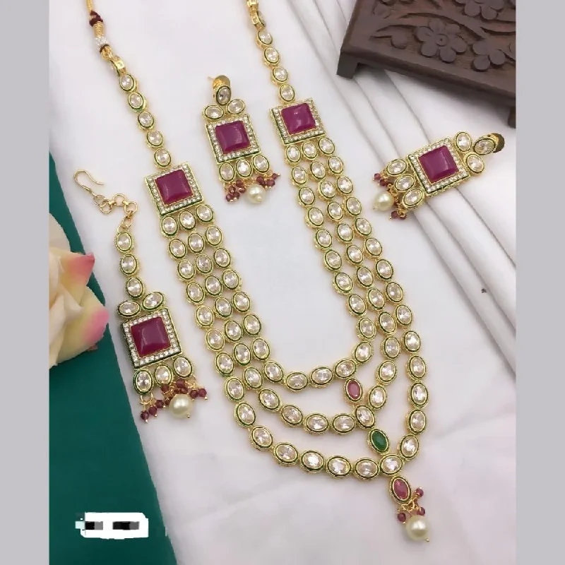 FS Collection Gold Plated Kundan Stone Meenakari Multi Layer Necklace Set