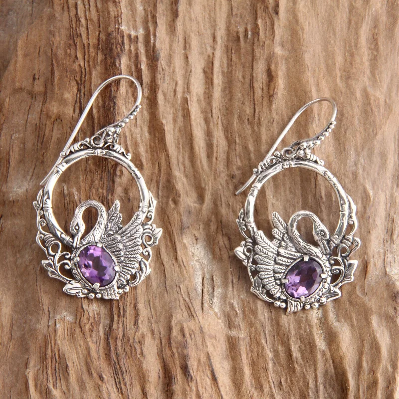 NOVICA Amethyst Dangle Earrings, 'Dancing Swan' (Indonesia) - 2*1.1