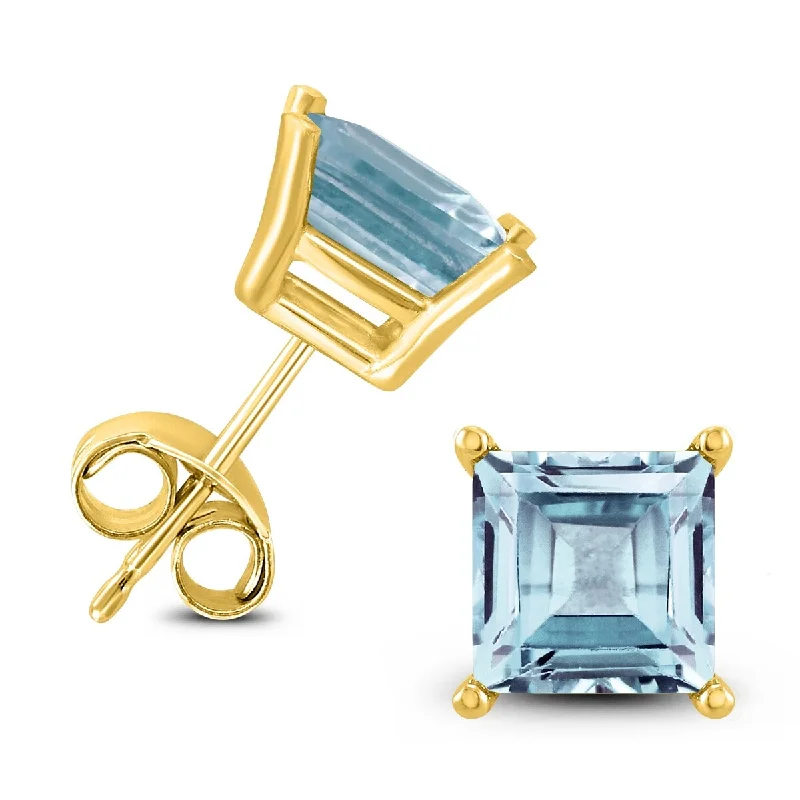 Marquee 14K Yellow Gold 6MM Square Aquamarine Earrings