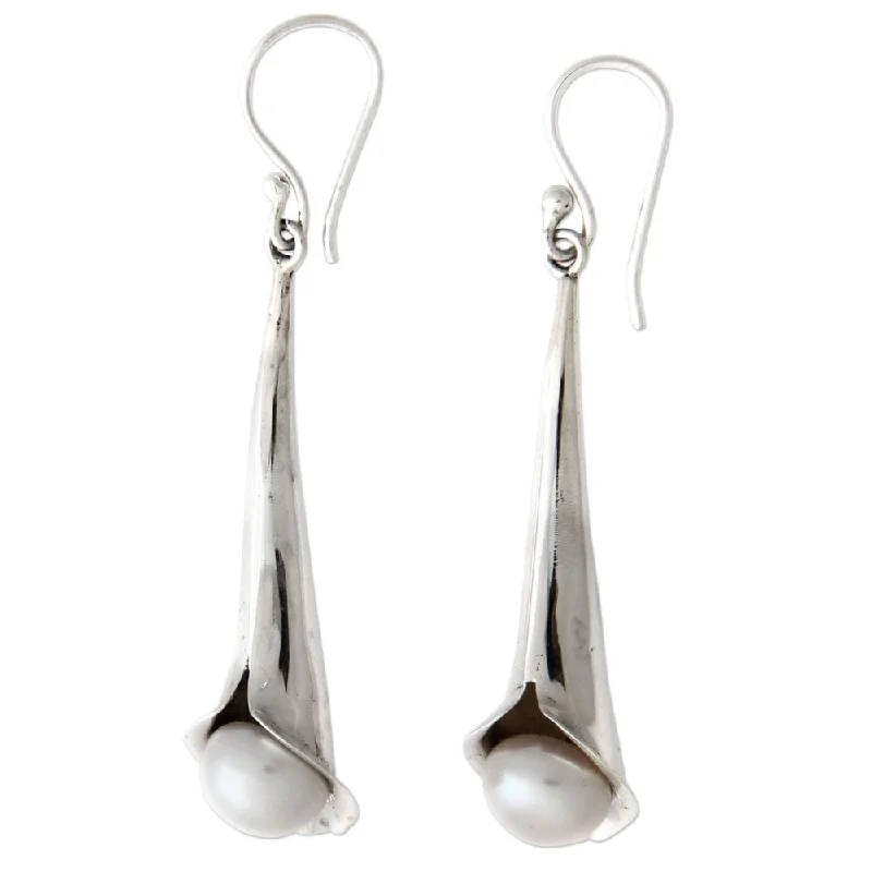 NOVICA Handmade Sterling Silver 'Trumpet Flower' 8mm Pearl Earrings (Indonesia) - White - 2*0.4