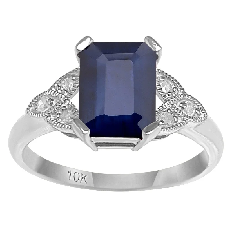 Viducci 10k White Gold Vintage Style Genuine Sapphire and Diamond Ring