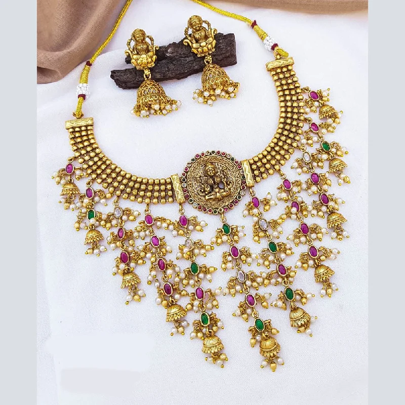 Sangita Creation  Copper Gold  Pota Stone Temple Long  Necklace Set