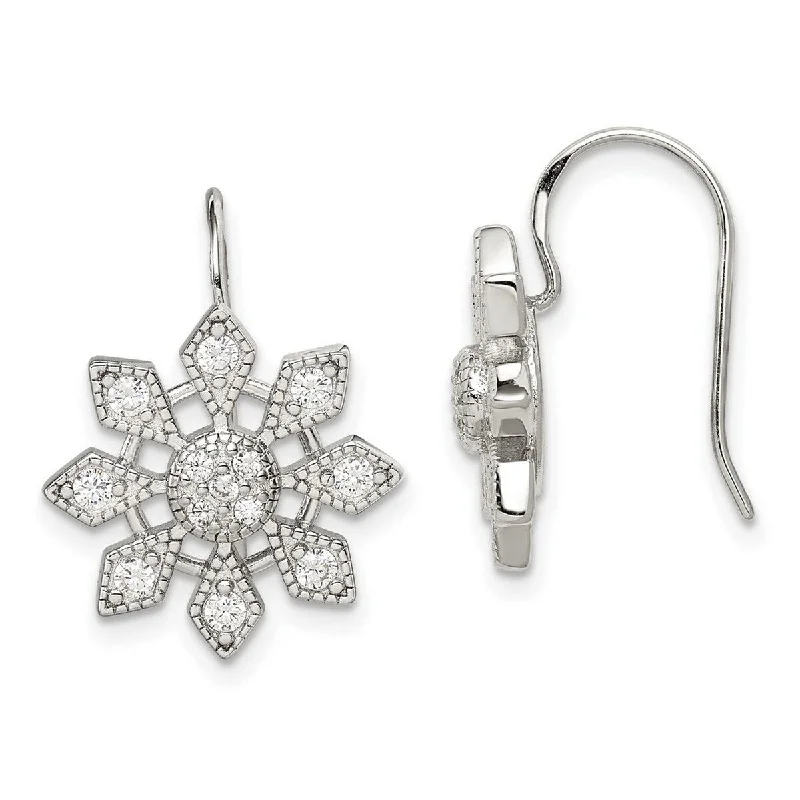 Curata 925 Sterling Silver Polished Shepherd hook CZ Cubic Zirconia Snowflake Earrings - 33x17mm Wide