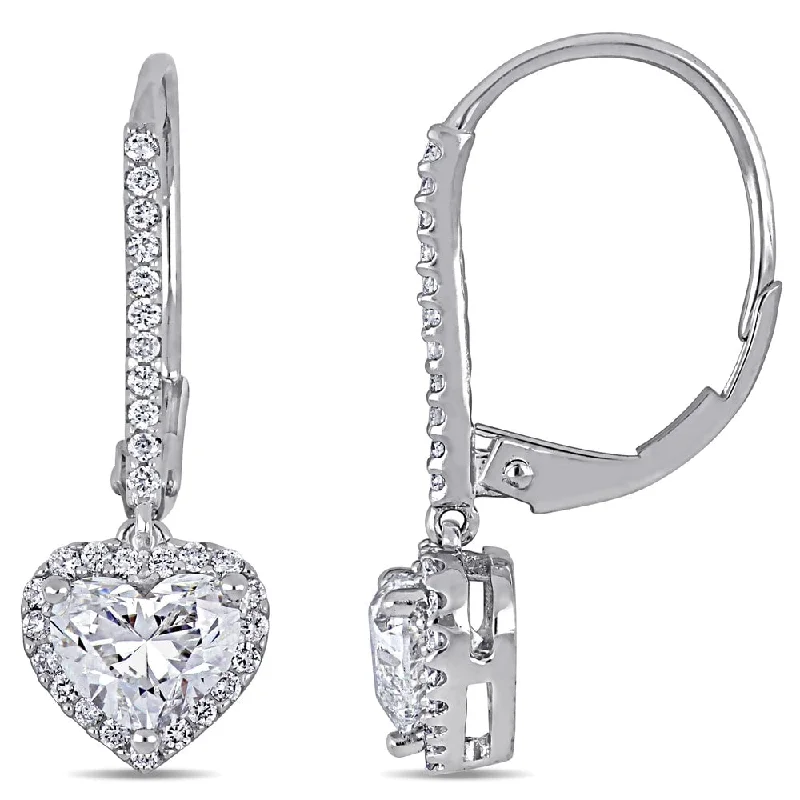 Miadora 14k White Gold 1 3/4ct TDW Certified Diamond Heart Halo Dangle Leverback Earrings (GIA)