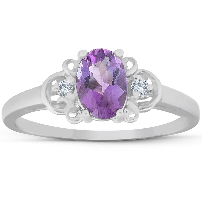 1 1/4ct Oval Amethyst & Diamond Ring 14K White Gold