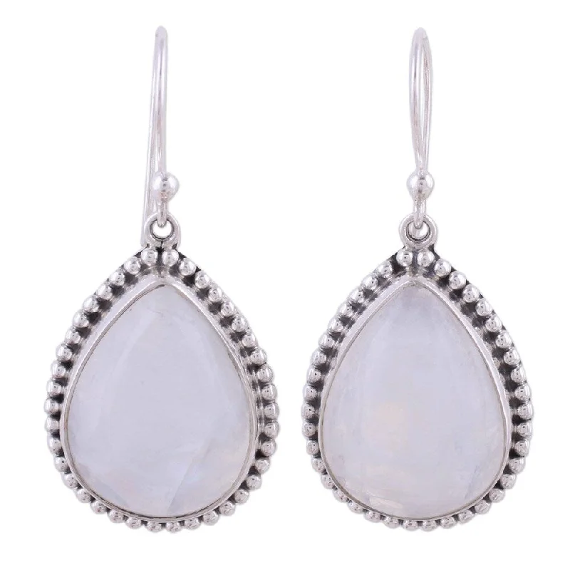 Handmade Sterling Silver 'Mystical Charm' Rainbow Moonstone Earrings (India) - 1.6*0.7