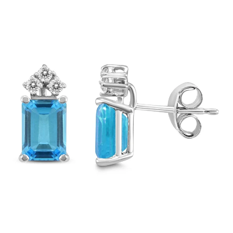 Marquee 14K White Gold 6x4MM Emerald Shaped Blue Topaz and Diamond Earrings