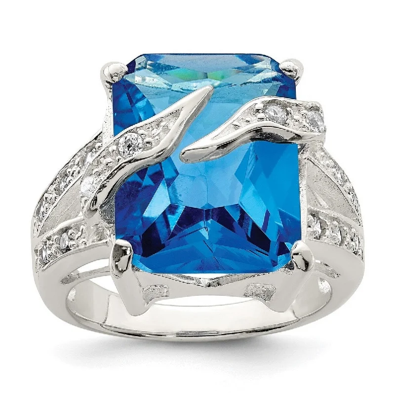 Curata 925 Sterling Silver Polished Open back Blue and Clear CZ Cubic Zirconia Simulated Diamond Ring