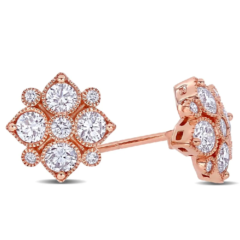 Miadora 14k Rose Gold 1ct TDW Diamond Floral Geometric Cluster Stud Earrings