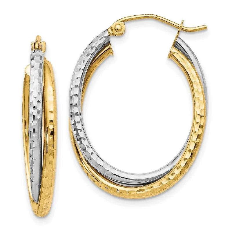 Curata 10k Two-Tone Gold Oval 29x4mm Textured Hinged Hoop Earrings