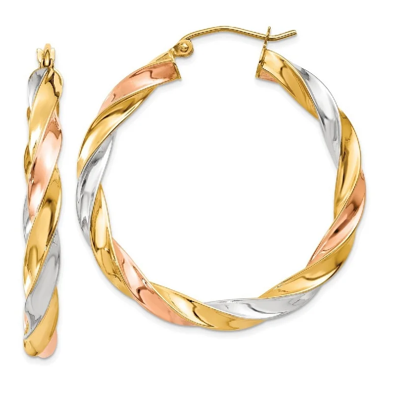 Curata 14k Tricolor Gold Light Twisted Hoop Earrings - 4x36mm