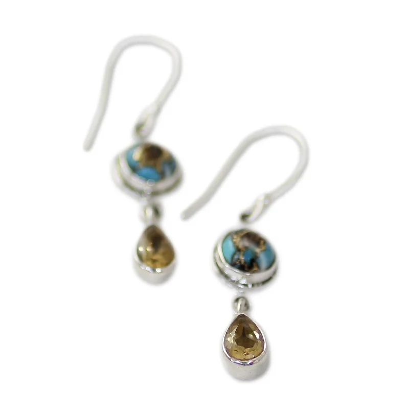 NOVICA Sterling Silver 'Sunny Droplets' Citrine Composite Turquoise Earrings - 1.7*0.4