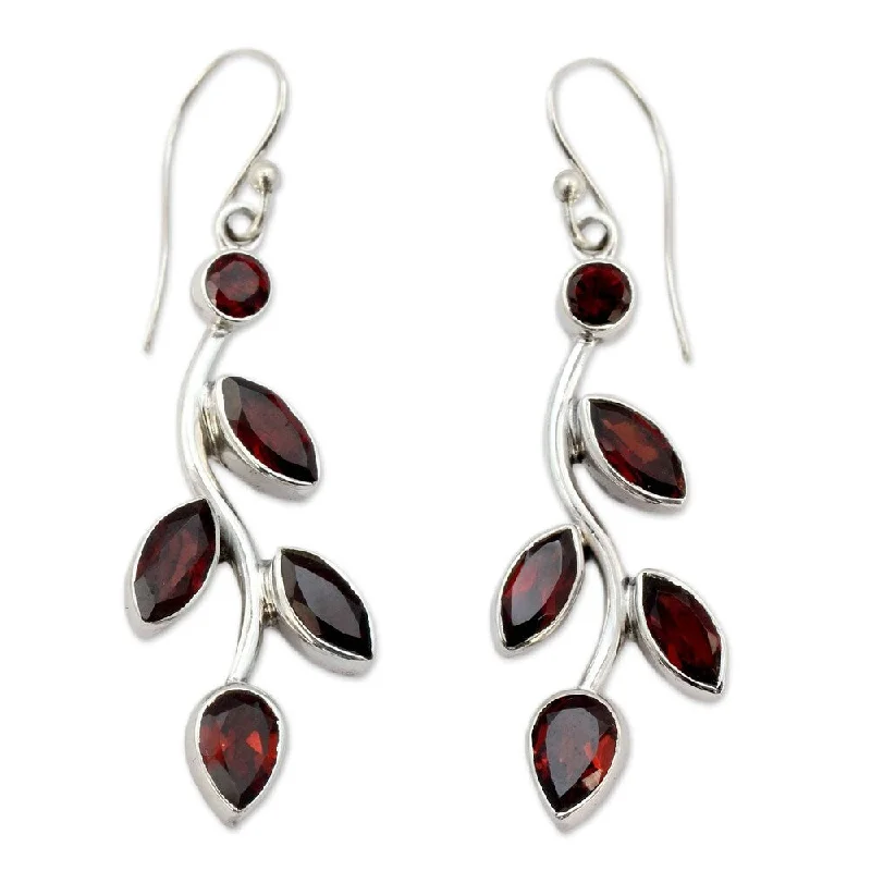 NOVICA Handmade Sterling Silver Scarlet Bouquet Red Garnet Marquise Stone Shape Earrings (India) - 1.9*0.6