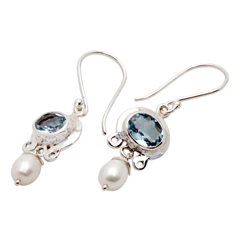 NOVICA Handmade Sterling Silver 'Sky Fantasy' Pearl Dangle Earrings (4mm) (Indonesia) - 0.6"x1.4"