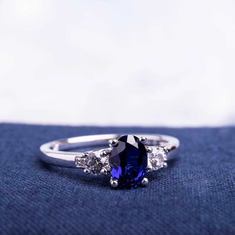 10k White Gold Created Blue and White Sapphire Diamond Ring by Miadora