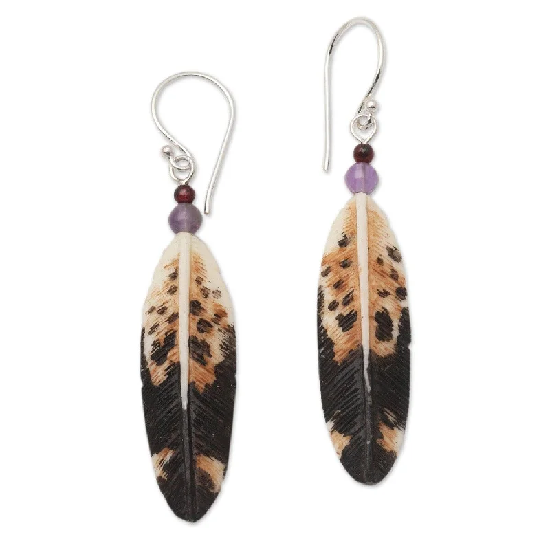 NOVICA Fascinating Feathers, Bone and amethyst dangle earrings - 2.2*0.4