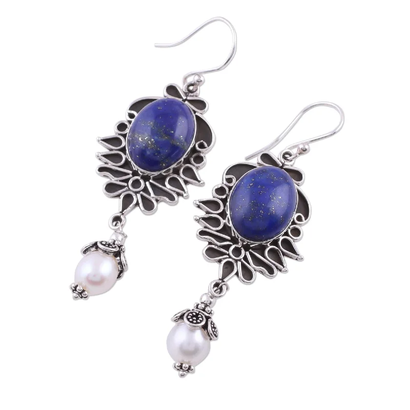 Handmade Sterling Silver 'Ethereal' Lapis and Peal Earrings (8 mm) (India)