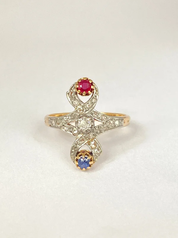 Belle Epoque, 18ct Gold and Platinum Ruby, Sapphire and Diamond Tri-colour Ring