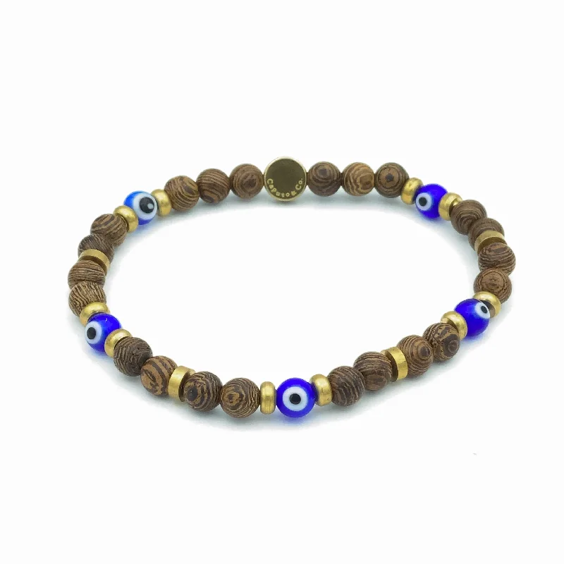 Evil Eye Glass And Wood Stretch Bracelet