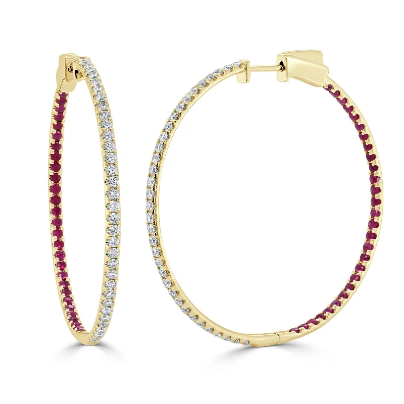 Joelle Ruby & Diamond Hoop Earrings 14K Gold 1.75 inches