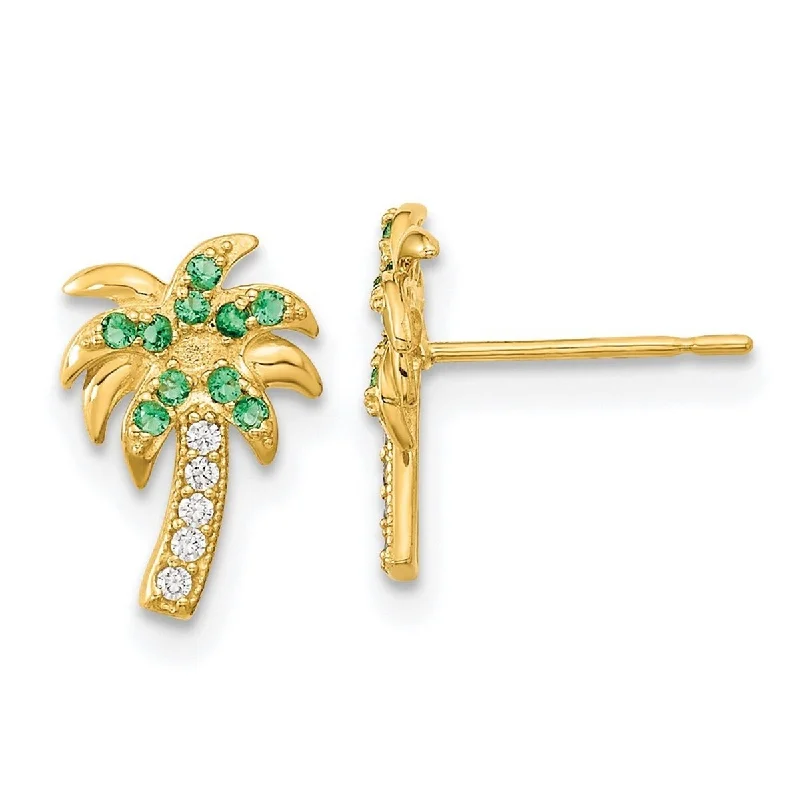 Curata 14k Yellow Gold Green and Clear CZ Cubic Zirconia 11.2x7.6mm Palm Tree Post Earrings