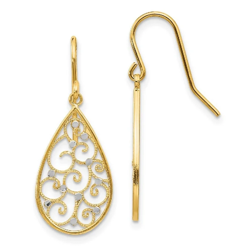 Curata 14k Yellow Gold Textured Rhodium Polished Teardrop Dangle Hook Earrings - 29x11mm