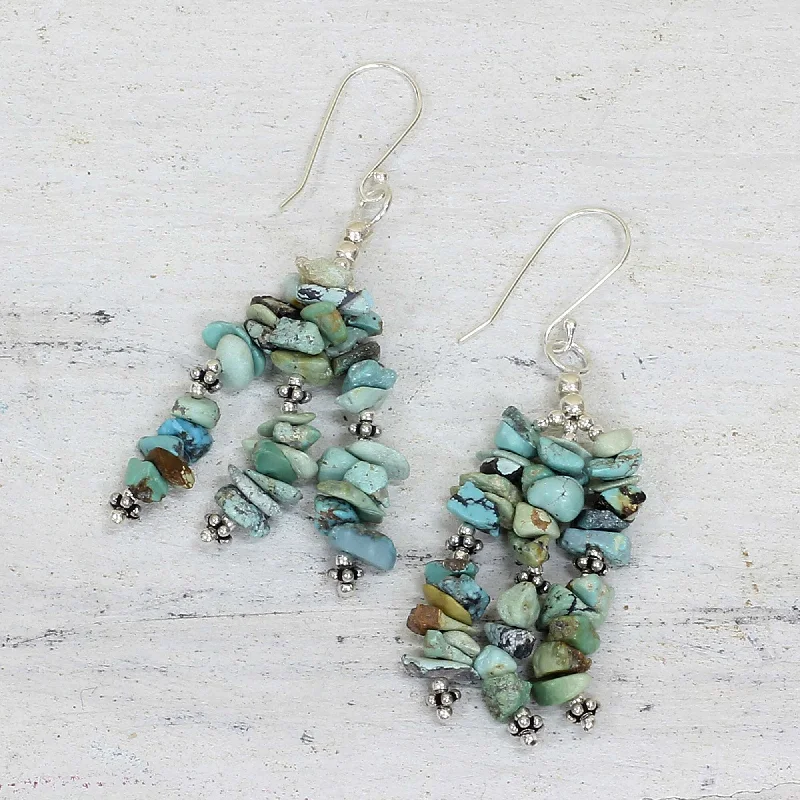 Handmade Sterling Silver 'Rejoice' Turquoise Waterfall Earrings (India)