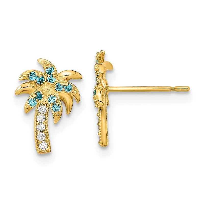 Curata 14k Yellow Gold Blue and Clear CZ Cubic Zirconia 11.2x7.6mm Palm Tree Post Earrings