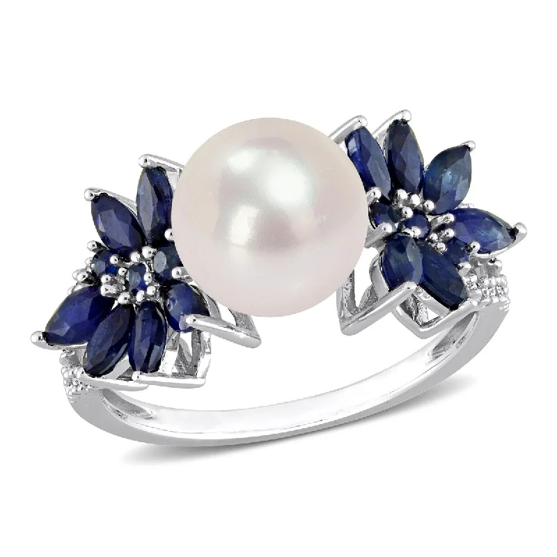 Miadora 9-9.5mm Cultured Freshwater Pearl 3/8ct TGW Sapphire 1/8ct TW Diamond Ring in 14k White Gold