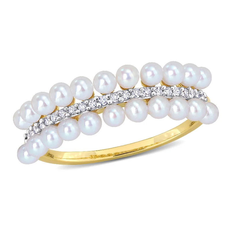 Miadora 2-2.5mm Cultured Freshwater Double-Row Pearl and 1/10ct TDW Diamond Ring in 14k Yellow Gold