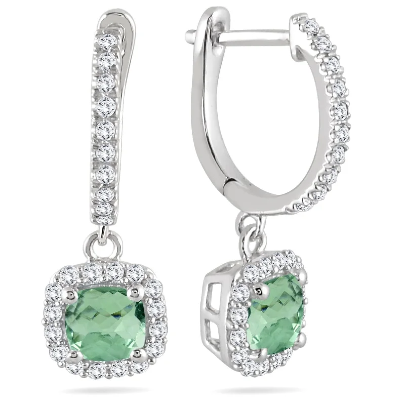 Marquee 1 Carat Green Amethyst and Diamond Halo Dangle Earrings in 10K White Gold