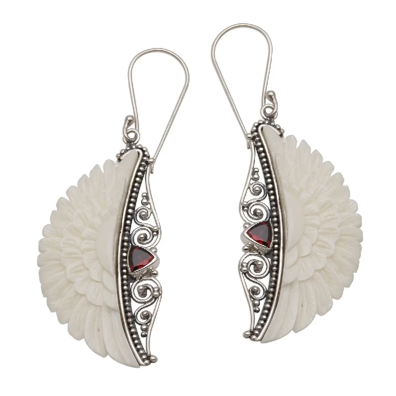 NOVICA Gate of Olympus, Garnet and bone dangle earrings - 2.6*0.8