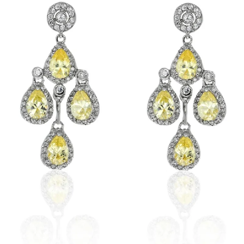 Dolce Giavonna Silver Overlay Yellow and White CZ Chandelier Earrings