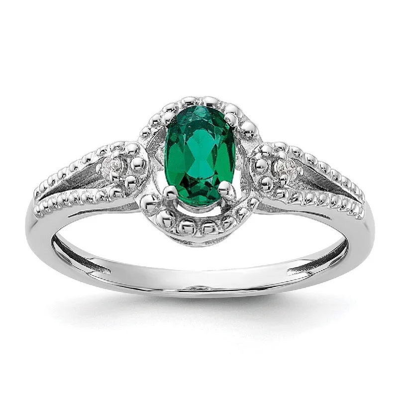 Curata 925 Sterling Silver Polished Open back Created Emerald and Diamond Ring