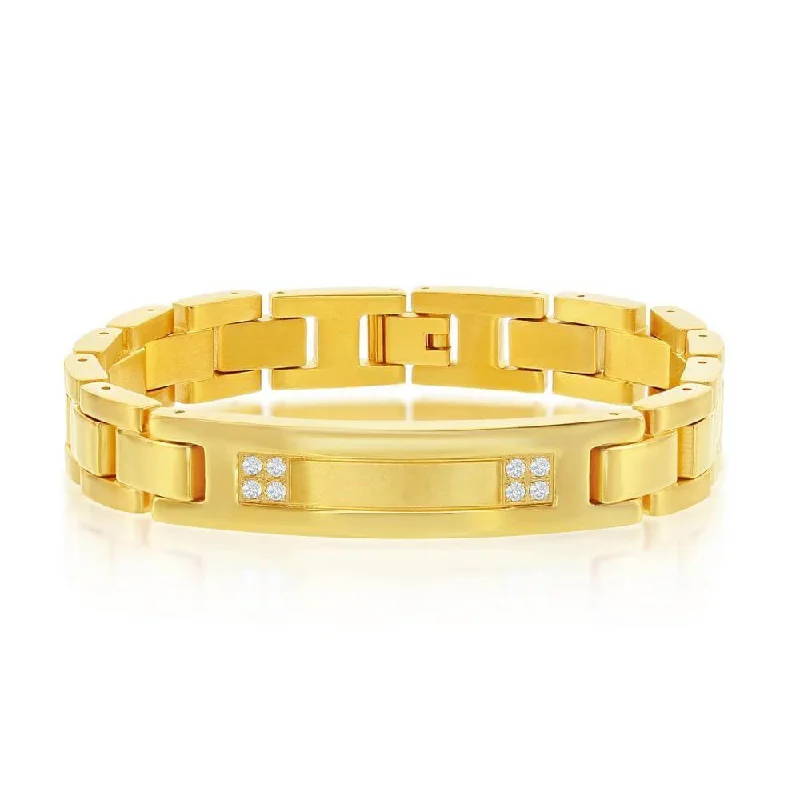 Stainless Steel CZ ID Link Bracelet - Gold Plated