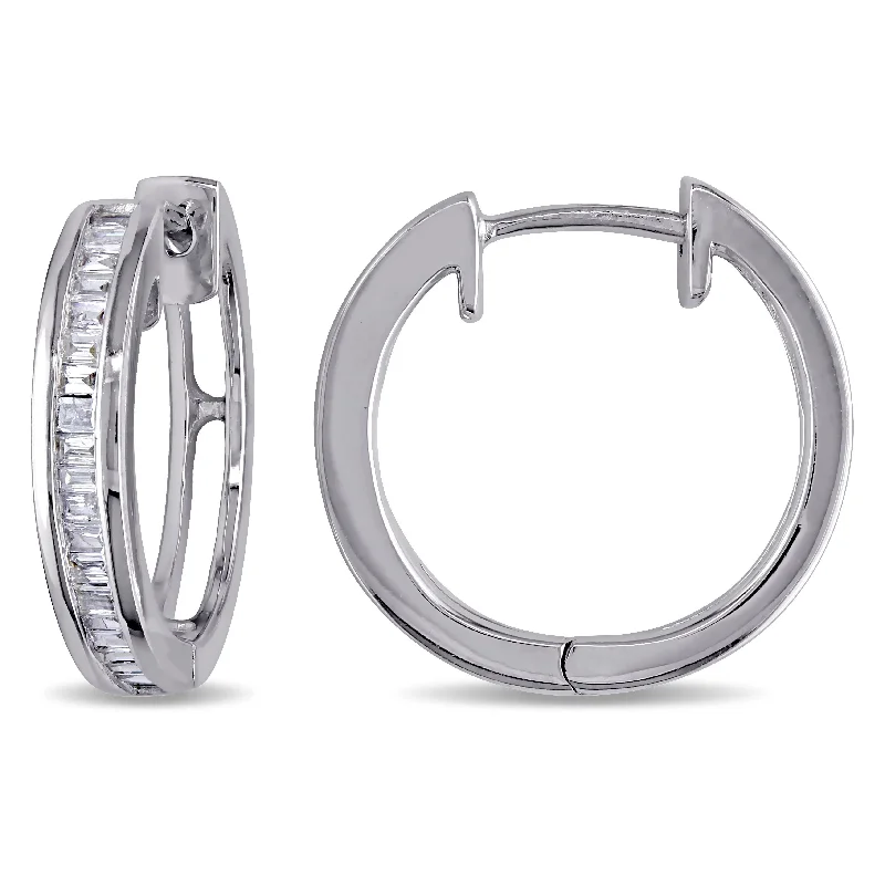 Miadora 1/4ct TDW Baguette-cut Diamond Hoop Earrings in Sterling Silver