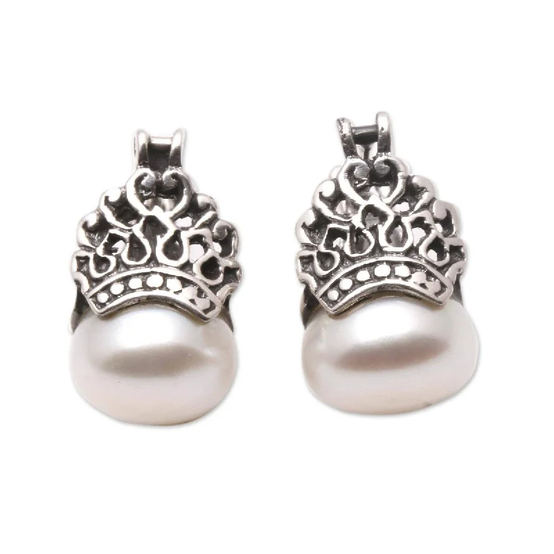 NOVICA Sukawati Crowns, Cultured pearl drop earrings - 0.6L*0.4W