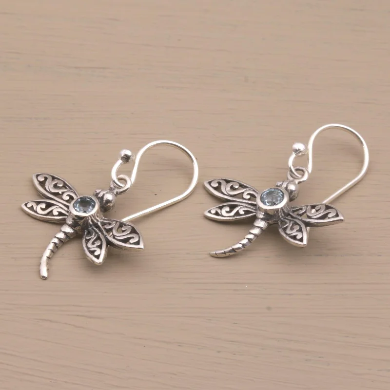 Handmade Sterling Silver 'Enchanted Dragonfly' Blue Topaz Earrings (Indonesia) - 1.3L*0.9W