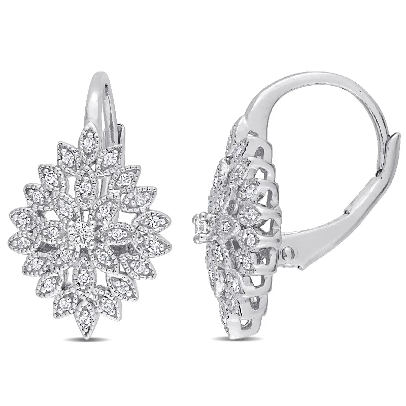 Miadora 1/5ct TDW Diamond Clustered Floral Vintage Leverback Drop Earrings in Sterling Silver