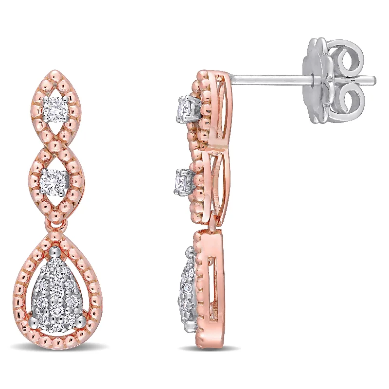 Miaodra 14k 2-tone Rose & White Gold 1/4ct TDW Diamond 3-Tier Teardrop Cluster Earrings - 21.6mm x 7mm x 3.5mm