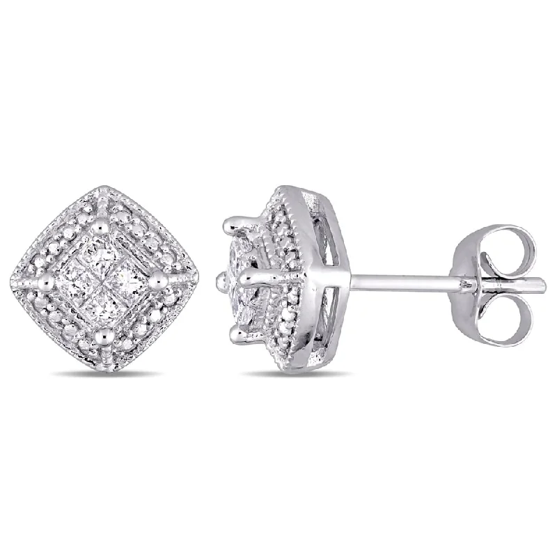 Miadora 10k White Gold 1/4ct TDW Princess-Cut Diamond Quad Halo Stud Earrings