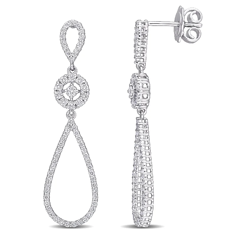 Miadora 18k White Gold 4/5ct TDW Diamond Open Teardrop Halo Dangle Earrings