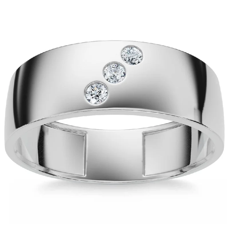 Mens Three Stone Diamond Ring White Gold High Polished 7mm