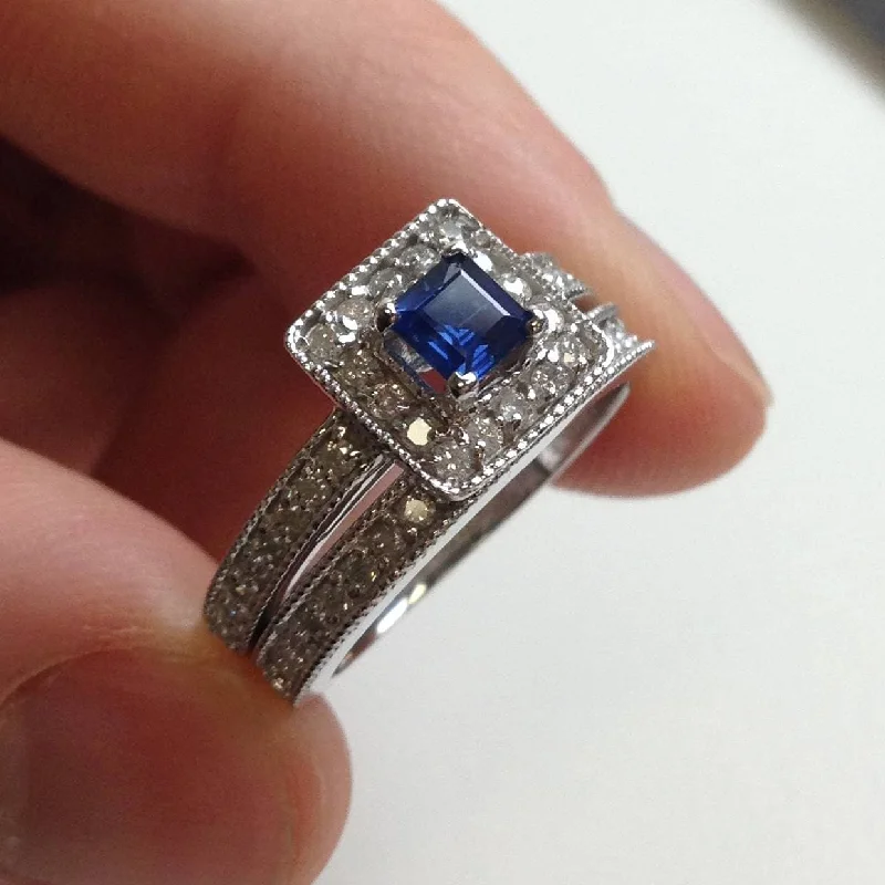 1ct Blue Sapphire Princess Cut Halo Diamond Ring Set White Gold