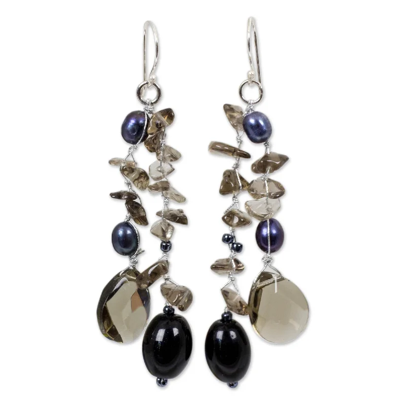 Silver Nocturnal Symphony Black Pearl Waterfall Chandelier Earrings (5 mm) - 3.2*0.8